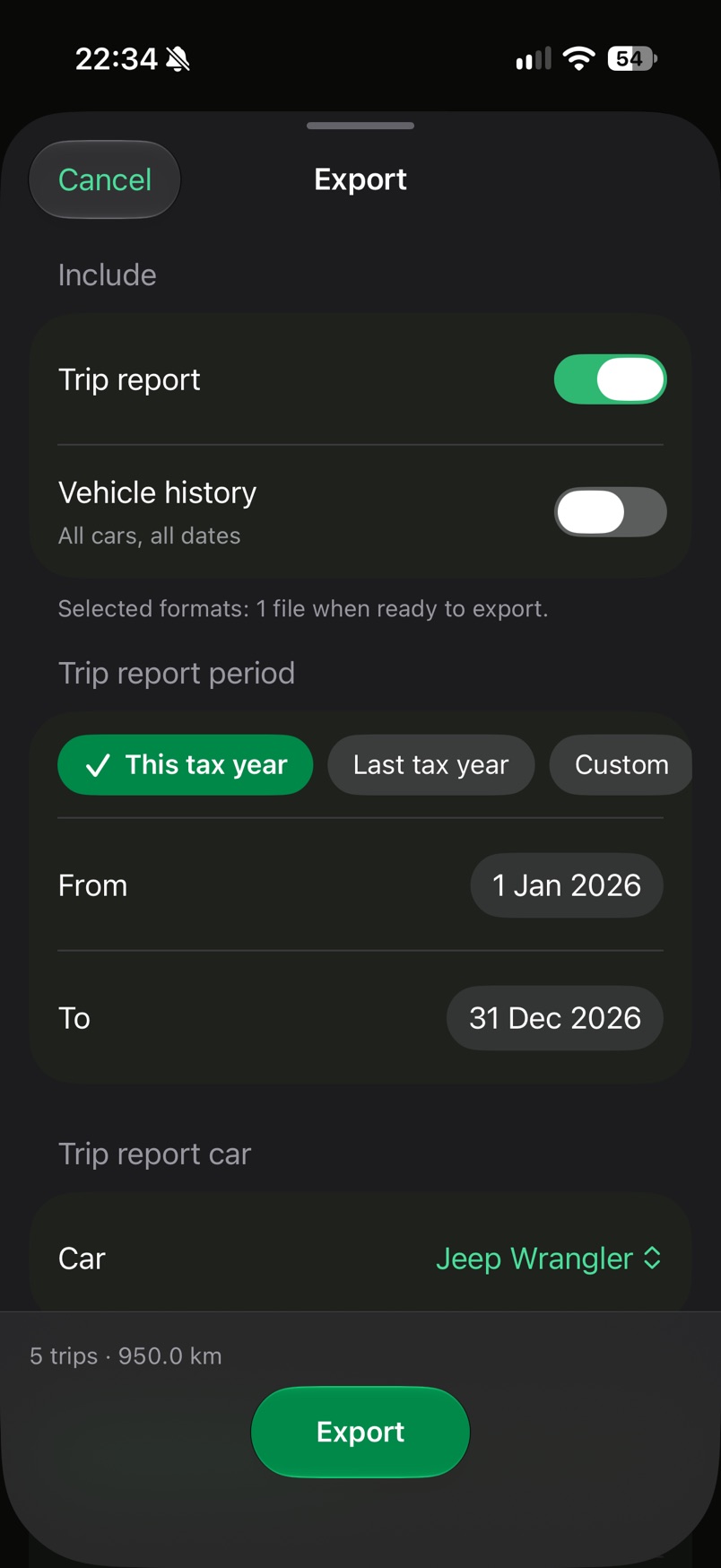Export with the trip report and vehicle history choices, the report period, the car and the trip total.