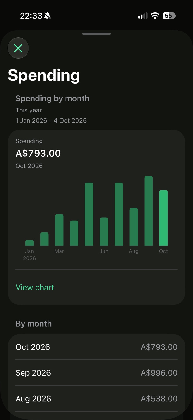 Spending by month for the selected car, with a bar chart and monthly totals.