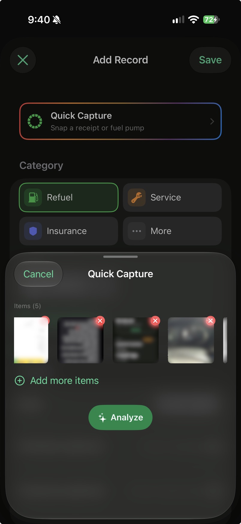 Add Record with the Quick Capture sheet open: five added items, shown blurred, Add more items and Analyze.