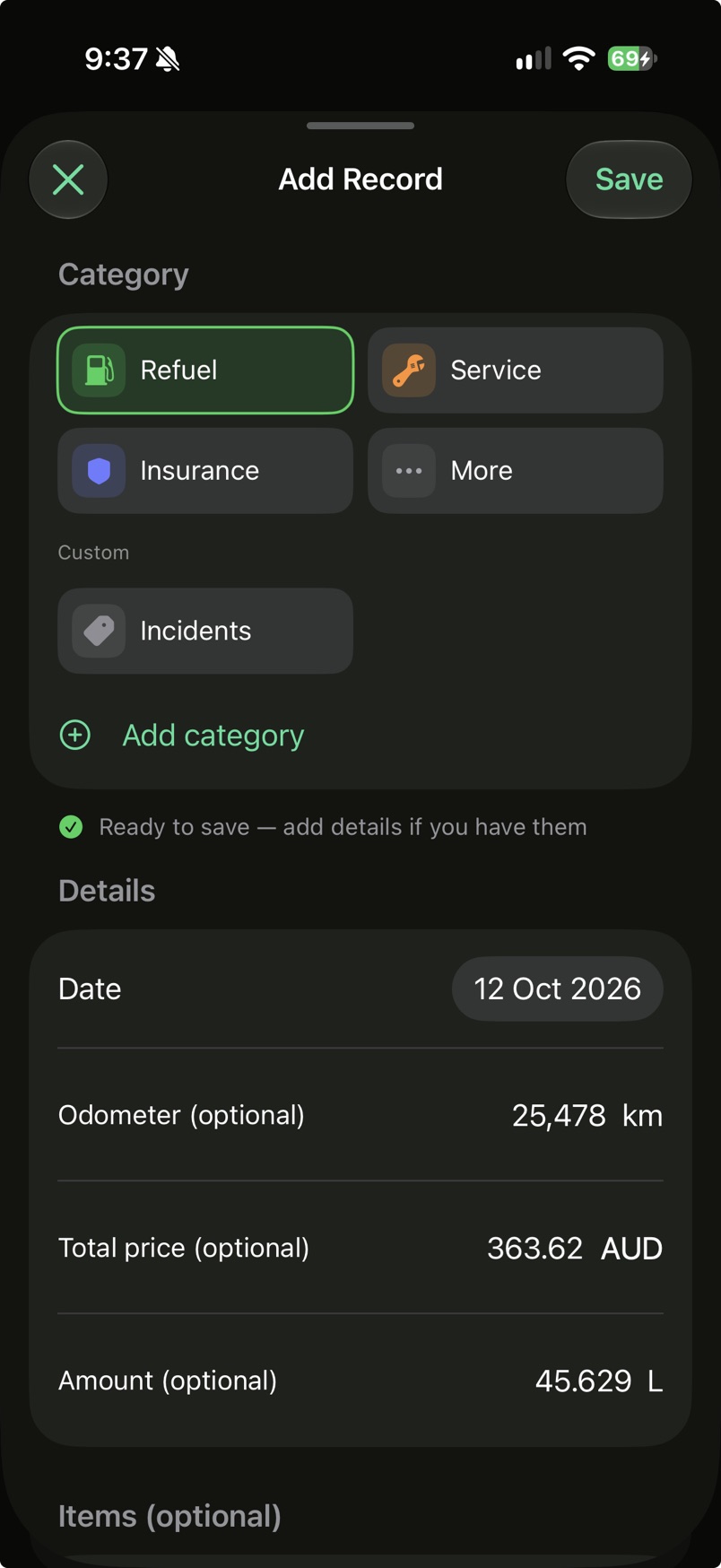 Add Record filled in by Quick Capture: Refuel, Ready to save, 12 Oct 2026, odometer 25,478 km, total price 363.62 AUD and 45.629 L.
