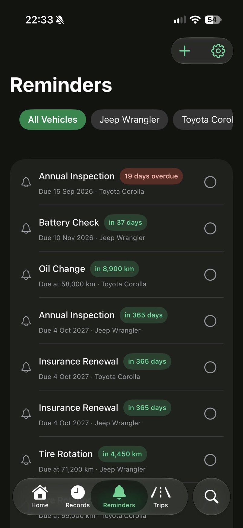 Reminders for all vehicles, such as an annual inspection, a battery check and an oil change, with the time or distance left.