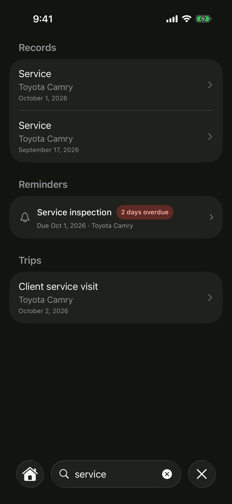 Search results grouped by Records, Reminders and Trips.