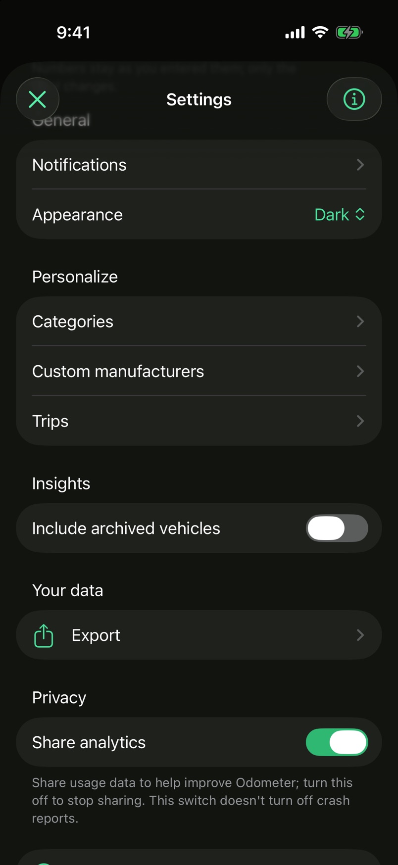 Settings with Export under Your data and Share analytics under Privacy.