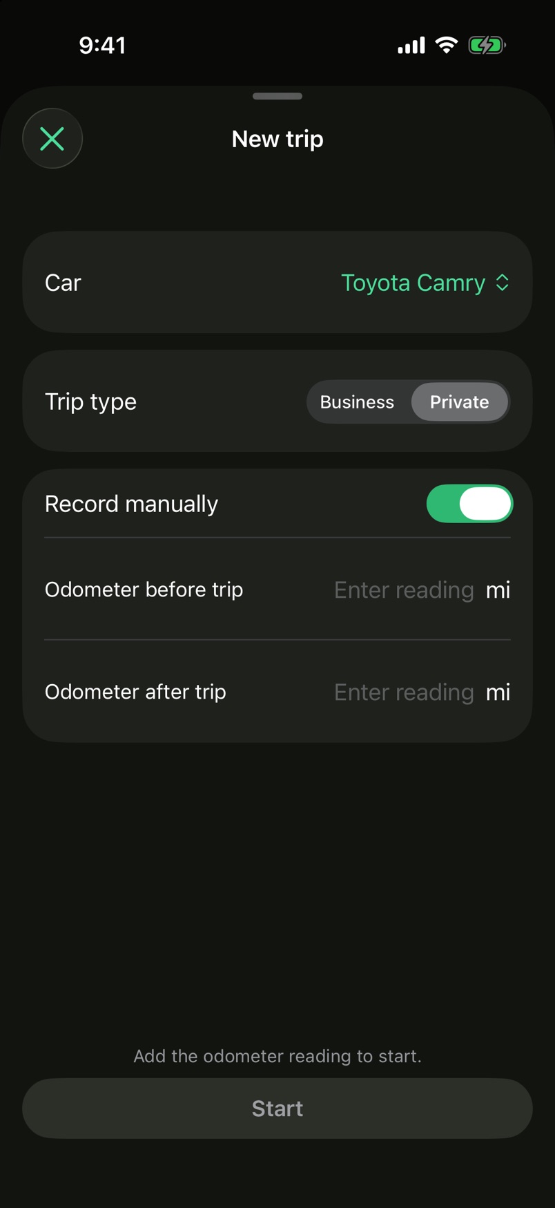 New trip with the car, Business or Private, and Record manually on with the odometer before and after the trip.
